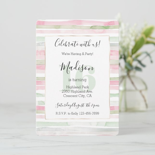Rosa Mint Blush Ränder 16-årsdag Inbjudningar (Stående Fram)