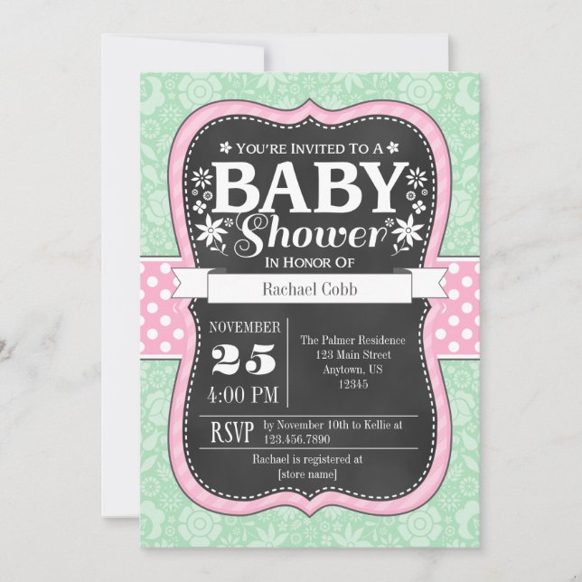 Rosa Mint Chalkboard Blommigt Baby Shower Inbjudan (Framsida)