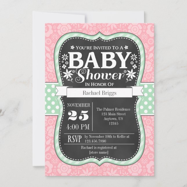Rosa Mint Chalkboard Blommigt Baby Shower Inbjudan (Framsida)