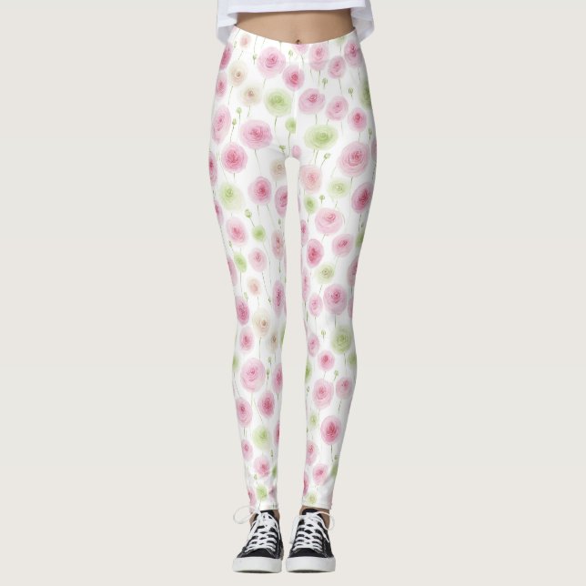 Rosa Mint Floral Ranunculus   Leggings (Framsida)