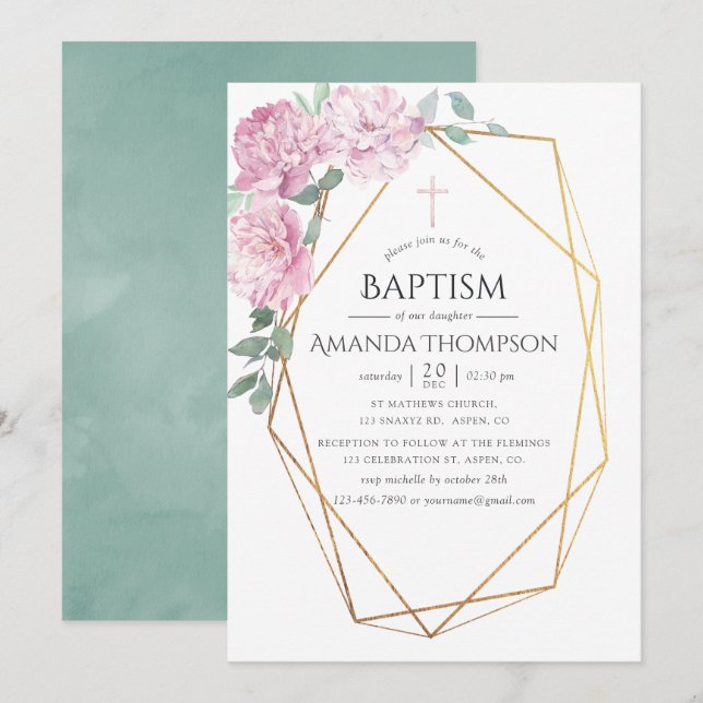  Rosa & Mint Geometric Baptism eller Christening Inbjudningar (Fram/baksida)