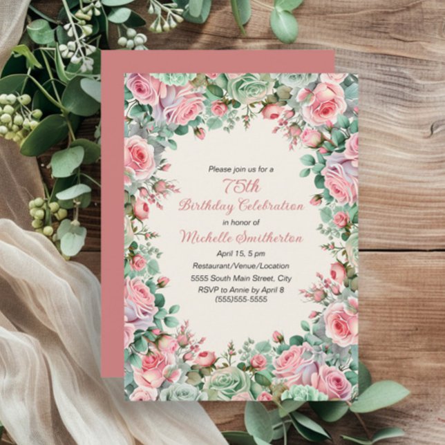 Rosa Mint Grön Akvarell Blommig 75-årsdag Inbjudningar (Pink and mint green watercolor floral 75th birthday party invitation for women.)