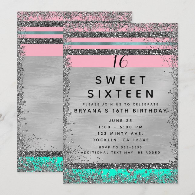 Rosa Mint Grön Silver Glitter Kant Söt 16 Födelsed Inbjudningar (Fram/baksida)