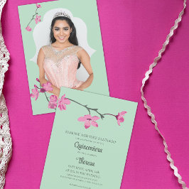 Rosa, Mint Grönt Cherry Blommar Photo Quinceanera Inbjudningar