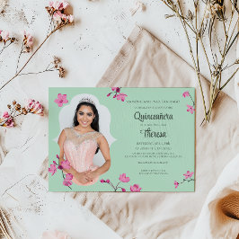 Rosa, Mint Grönt Cherry Blommar Quinceanera Photo Inbjudningar