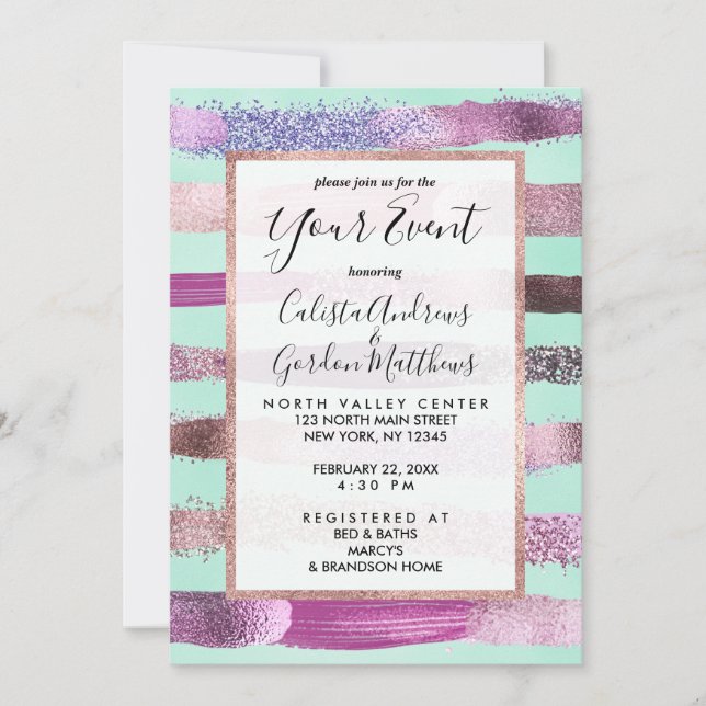 Rosa Mint Grönt Nagel polska Glitter Brushstrokes Inbjudningar (Framsida)