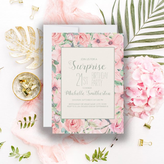 Rosa Mint Grönt Vattenfärgad Blommigt 21:a födelse (Soft blush pink floral 21st birthday party invitation)