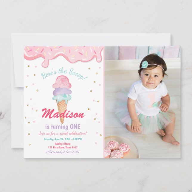 Rosa Mint Ice Cream Cone Confetti Birthday Inbjuda Inbjudningar (Framsida)