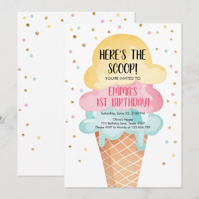 Rosa Mint Ice Cream Cone Confetti Birthday Inbjuda Inbjudningar (Fram/baksida)