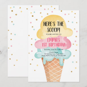 Rosa Mint Ice Cream Cone Confetti Birthday Inbjuda Inbjudningar