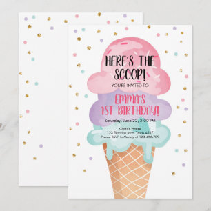 Rosa Mint Ice Cream Cone Confetti Birthday Inbjuda Inbjudningar