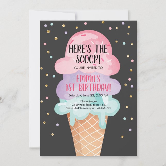 Rosa Mint Ice Cream Cone Confetti Birthday Inbjuda Inbjudningar (Framsida)