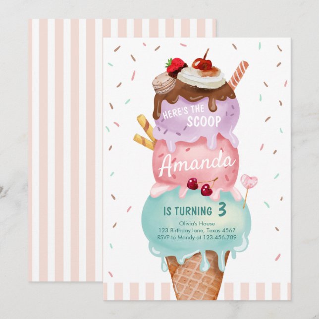 Rosa Mint Ice Cream Cone Scoop Birthday Inbjudan (Fram/baksida)