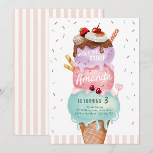 Rosa Mint Ice Cream Cone Scoop Birthday Inbjudan