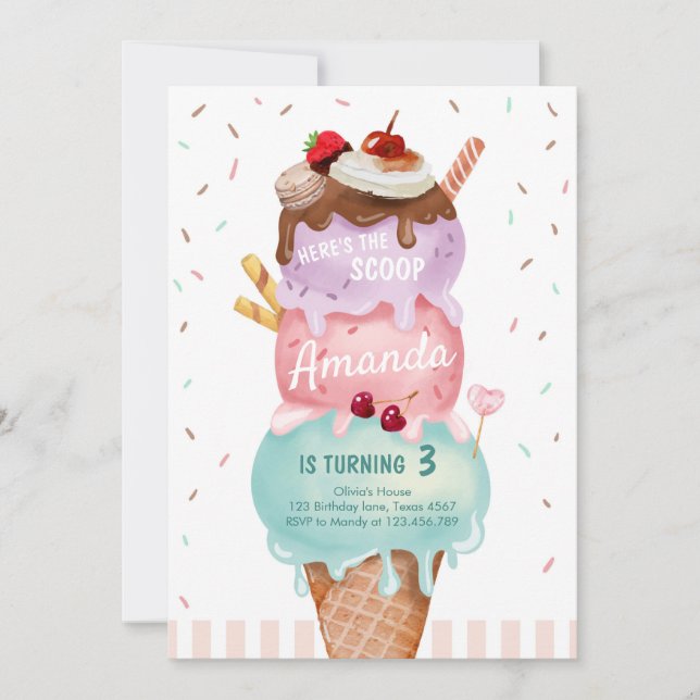 Rosa Mint Ice Cream Cone Scoop Birthday Inbjudan (Framsida)