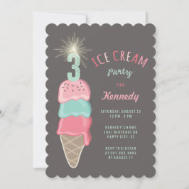 Rosa Mint Ice Cream Girl 3 Birthday Party Inbjudan