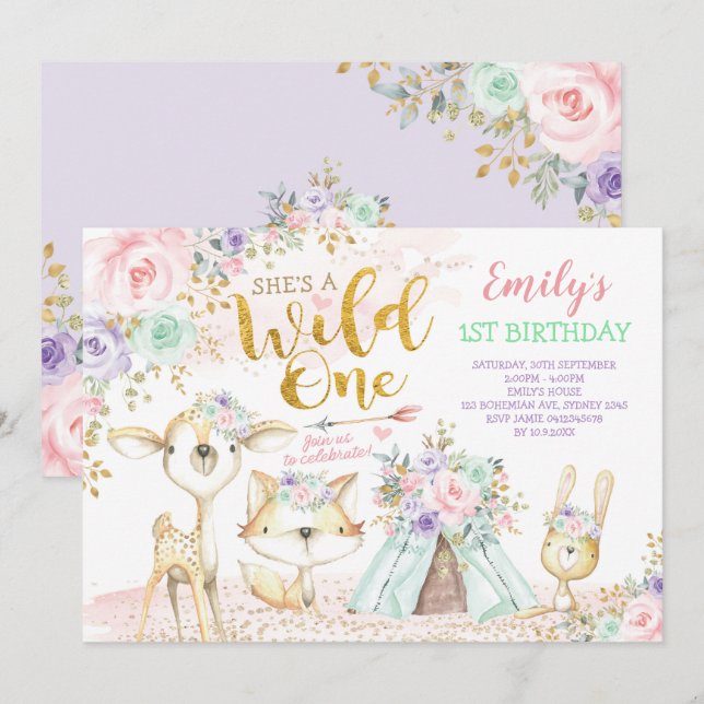 Rosa Mint Lila Boho Woodland Animals Vild 1 Inbjudningar (Fram/baksida)