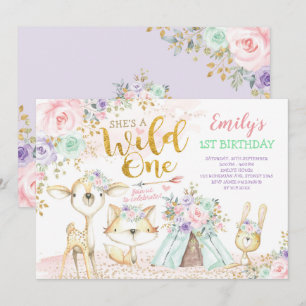 Rosa Mint Lila Boho Woodland Animals Vild 1 Inbjudningar