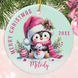 Rosa Mint Monogrammed God jul Cute Penguin Julgransprydnad Keramik