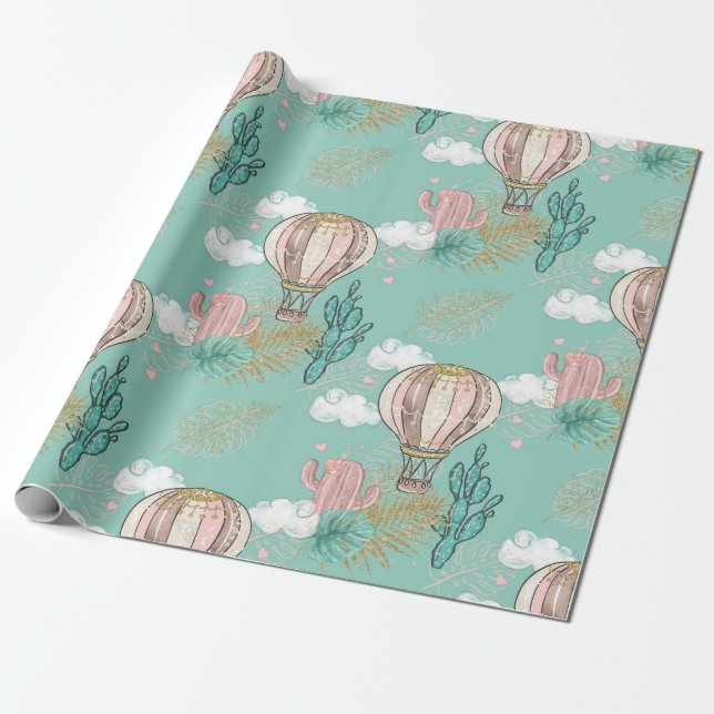 Rosa, Mint och Faux Guld Tropical Desert Presentpapper (Utrullad)