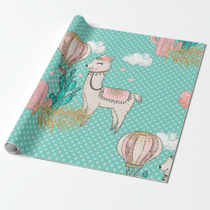 Rosa, Mint och Guld Glitter Desert Steampunk Llama Presentpapper