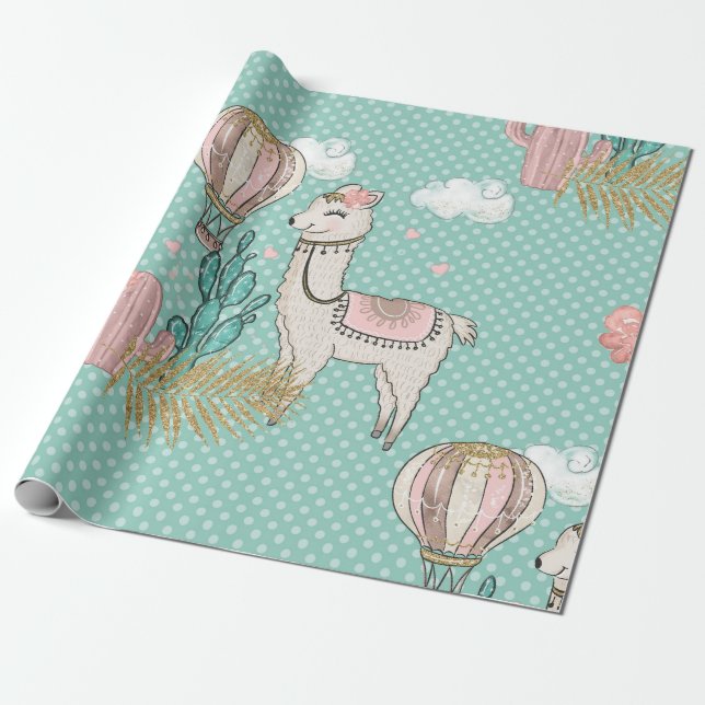 Rosa, Mint och Guld Glitter Desert Steampunk Llama Presentpapper (Utrullad)