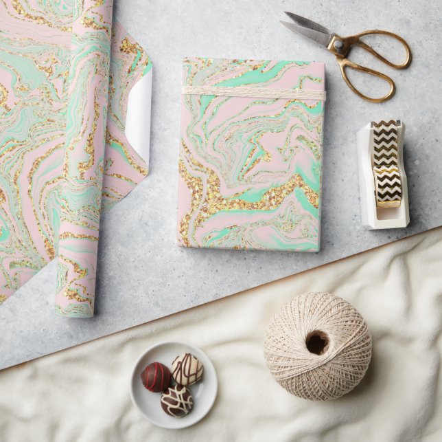 Rosa Mint och Guld Marbling Presentpapper (Hantverk)