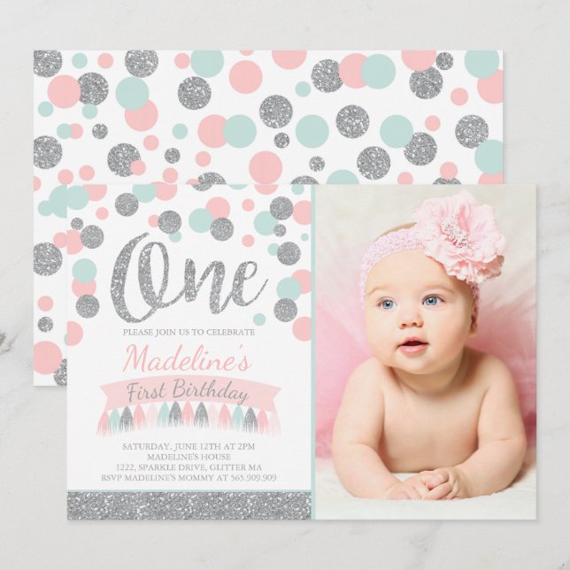  Rosa Mint och Silver 1:a födelsedagsinbjudan Inbjudningar (Fram/baksida)