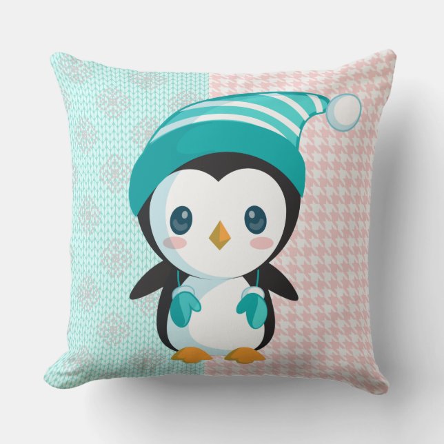 Rosa/Mint Pastel Penguin jultomte Kudde (Framsida)