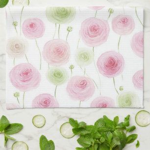 Rosa Mint Ranunculus Blommor Kökshandduk