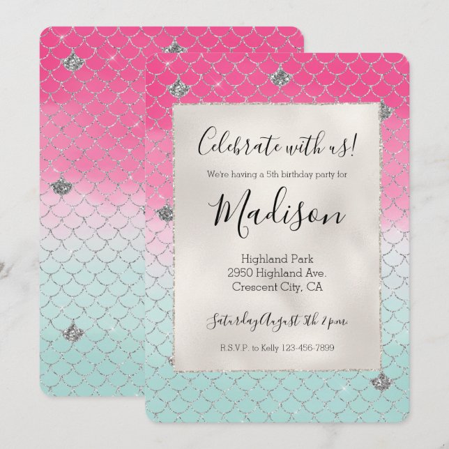 Rosa mint silver glitter sjöjungfru inbjudningar (Fram/baksida)