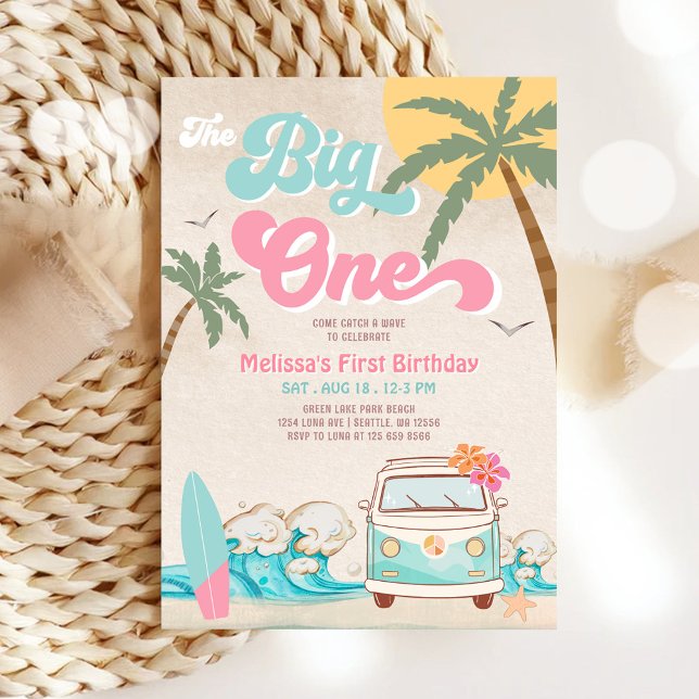Rosa Mint the Big One Surfing 1st Birthday Inbjudningar (Skapare uppladdad)