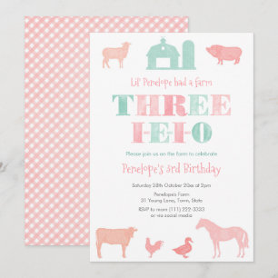 Rosa Mint THREE IEIO Girl 3rd Birthday Party Inbjudningar