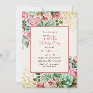 Rosa mint vintage blomster guld glitter 75 födelse inbjudningar