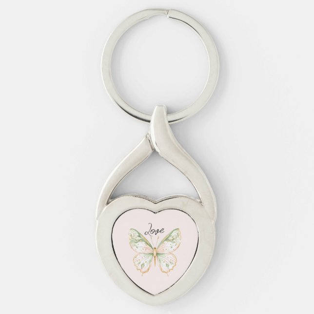 Rosa Mintgrön Guld Fjäril Kärlek Twisted Heart Silverfärgad Nyckelring (Framsidan)