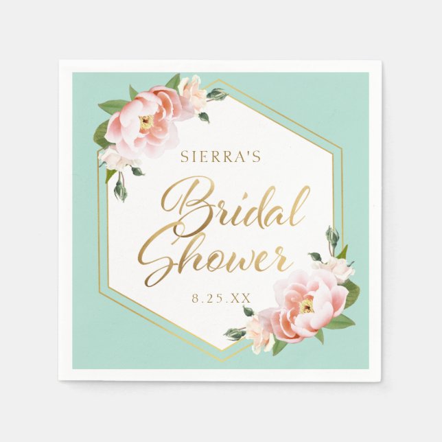Rosa Mintgrön Guld Geometrisk Bröllopsdusch Pappersservett (Framsidan)