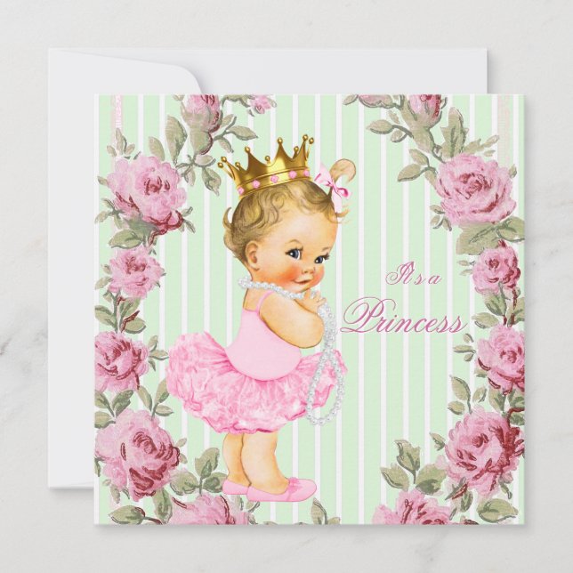 Rosa mintgrön rosen ballerina baby shower inbjudningar (Framsida)