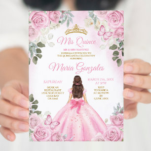 Rosa Mis Quince 15 Anos Butterfly Guld Krona Inbjudningar