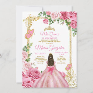 Rosa Mis Quince 15 Anos Butterfly Guld Krona Inbjudningar
