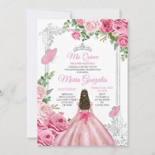 Rosa Mis Quince 15 Anos Butterfly Silver Krona Inbjudningar