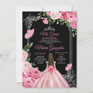 Rosa Mis Quince 15 Anos Butterfly Silver Krona Inbjudningar