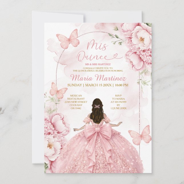 Rosa Mis Quince-inbjudan med prinsessflicka Inbjudningar (Framsida)
