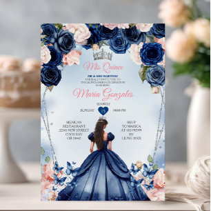 Rosa Mis Quince Navy Blommigt Krona Quinceañera Inbjudningar