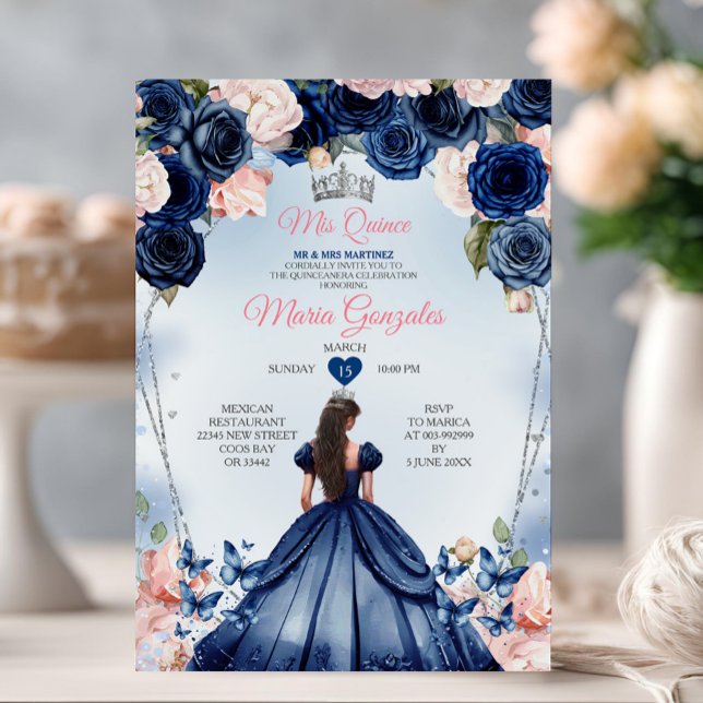 Rosa Mis Quince Navy Blommigt Krona Quinceañera Inbjudningar (Skapare uppladdad)
