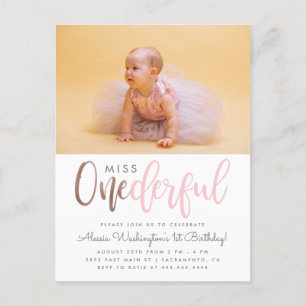 Rosa Miss Oenderful Script Photo 1st Birthday Inbjudan Vykort