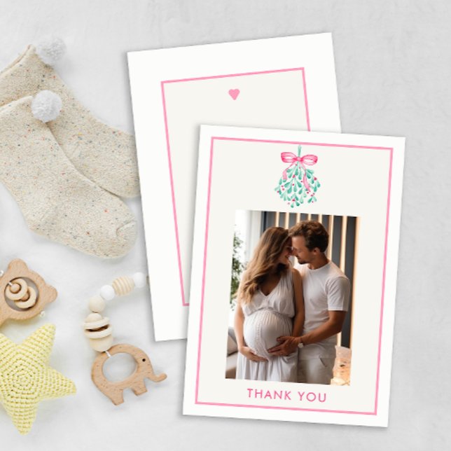 Rosa Mistletoe jul Baby Shower Tack (Photo Baby Shower, under the mistletoe thank you card - Baby Girl)