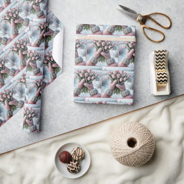 Rosa Mittens Holding Tulip Bouquet Presentpapper (Hantverk)