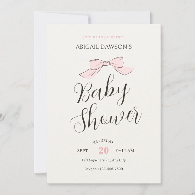 Rosa mjuk båge baby shower inbjudningar (Framsida)
