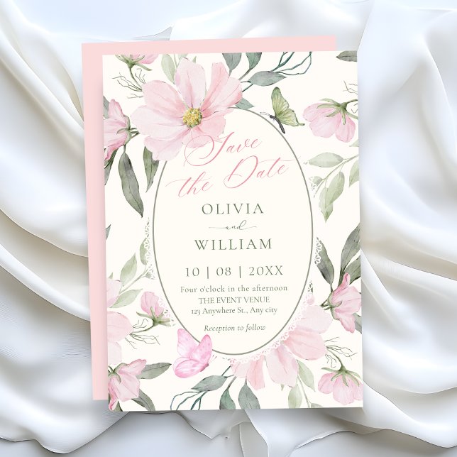 Rosa mjuk blommande fjärilbröllop spara datumet (Skapare uppladdad)
