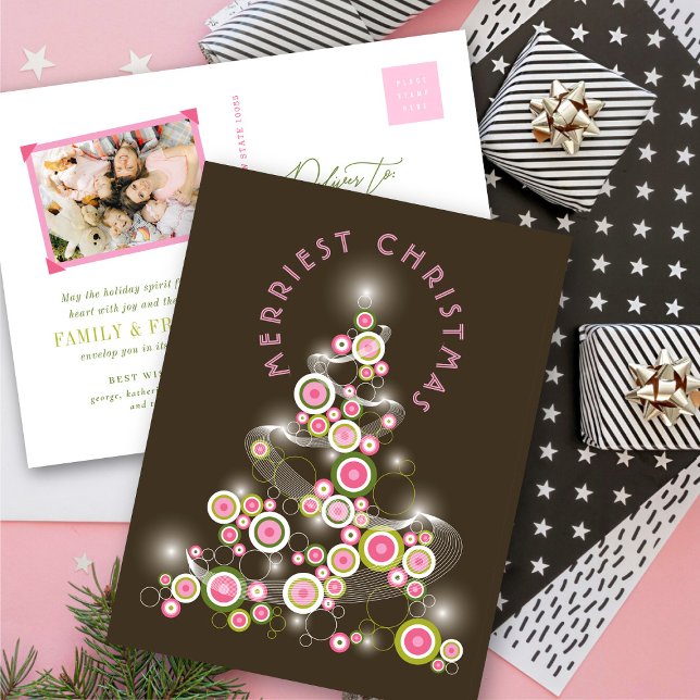 Rosa Mod Circles Glowing Abstrakt Julgran Helg Vykort (Pink Mod Circles Glowing Abstract Christmas Tree Holiday Postcard @ fat_fa_tin)